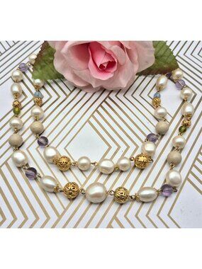 Vintage Liz Claiborne Gold Tone & Faux Pearl Multi Strand Beaded Necklace Granny
